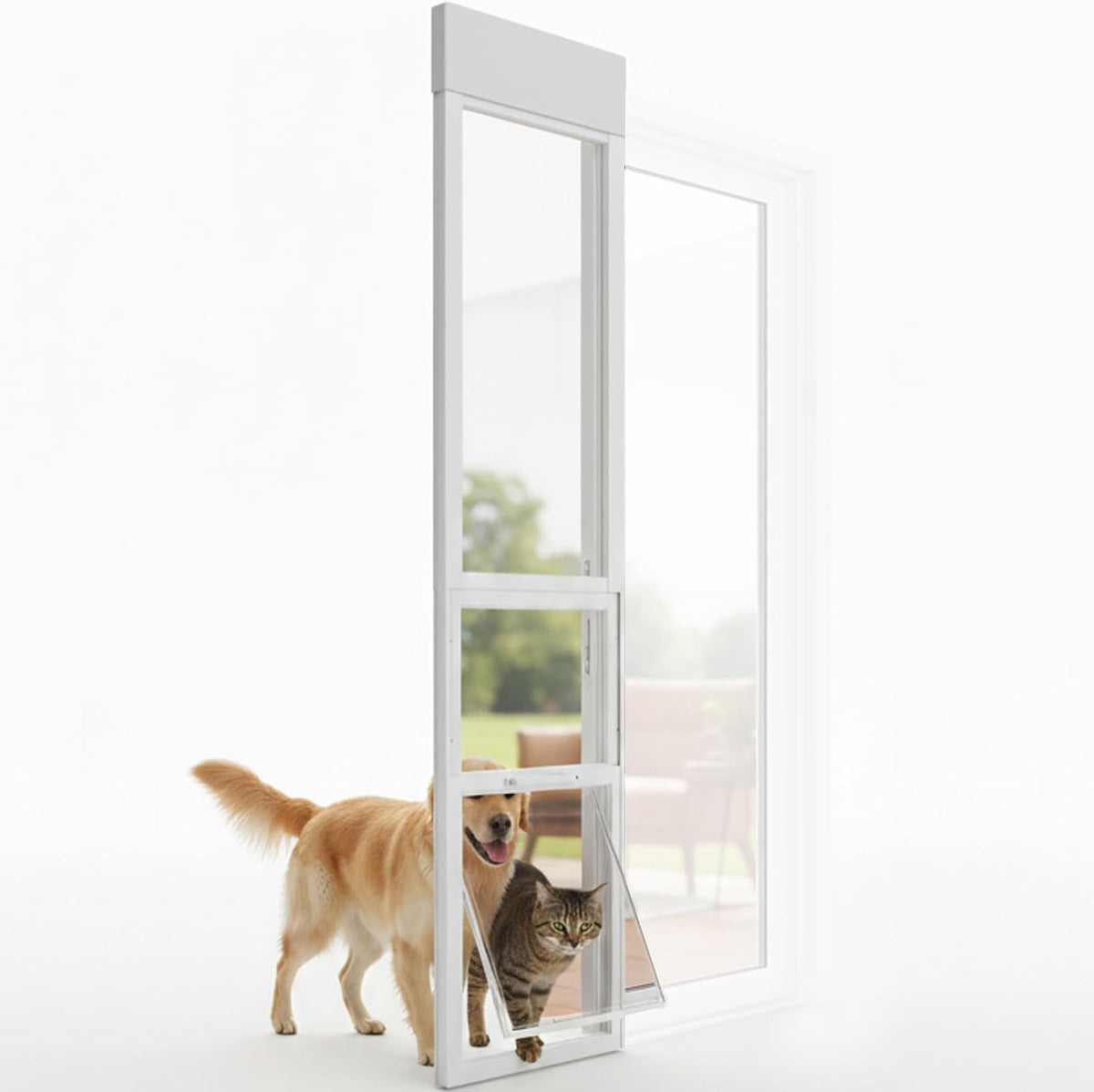 White sliding glass dog door insert with large flap for big dogs