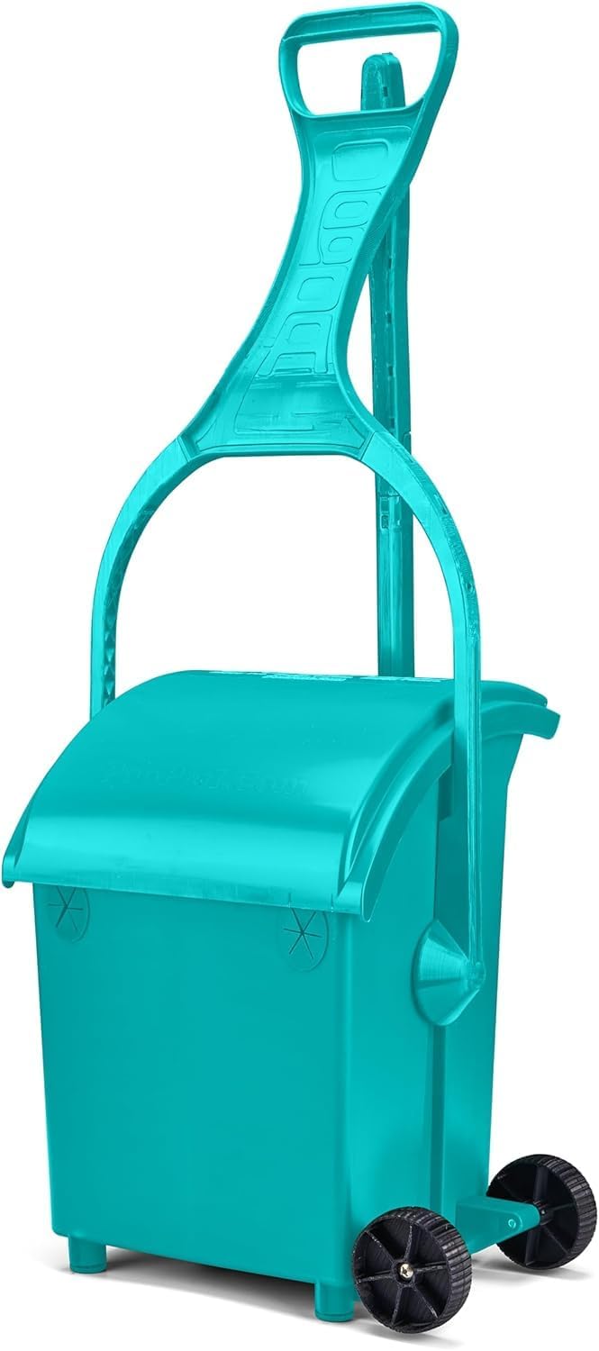 Long-handle pooper scooper with built-in waste bin on lawn
