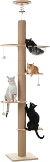 PETEPELA Floor to Ceiling Cat Tree, 79 to 103 Inch Adjustable Wood Tower, Beige