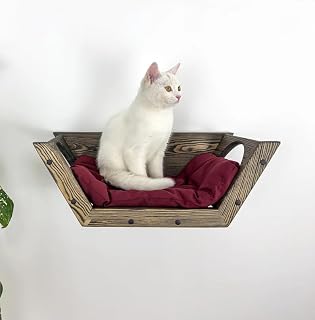 Rustic Wooden Cat Wall Shelf with Cushion, Wall-Mounted Perch Bed