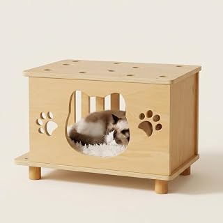 4-in-1 Wooden Cat Bed for Indoor Cats, Breathable Cave with Washable Cushion