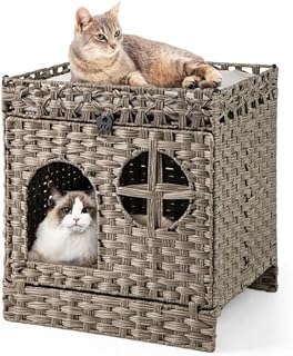 2-Tier Wicker Cat Condo with Hidden Litter Box, Gray Rattan