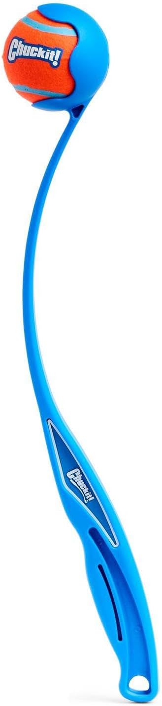 Blue plastic ball launcher with 12 inch handle and ball – view 3