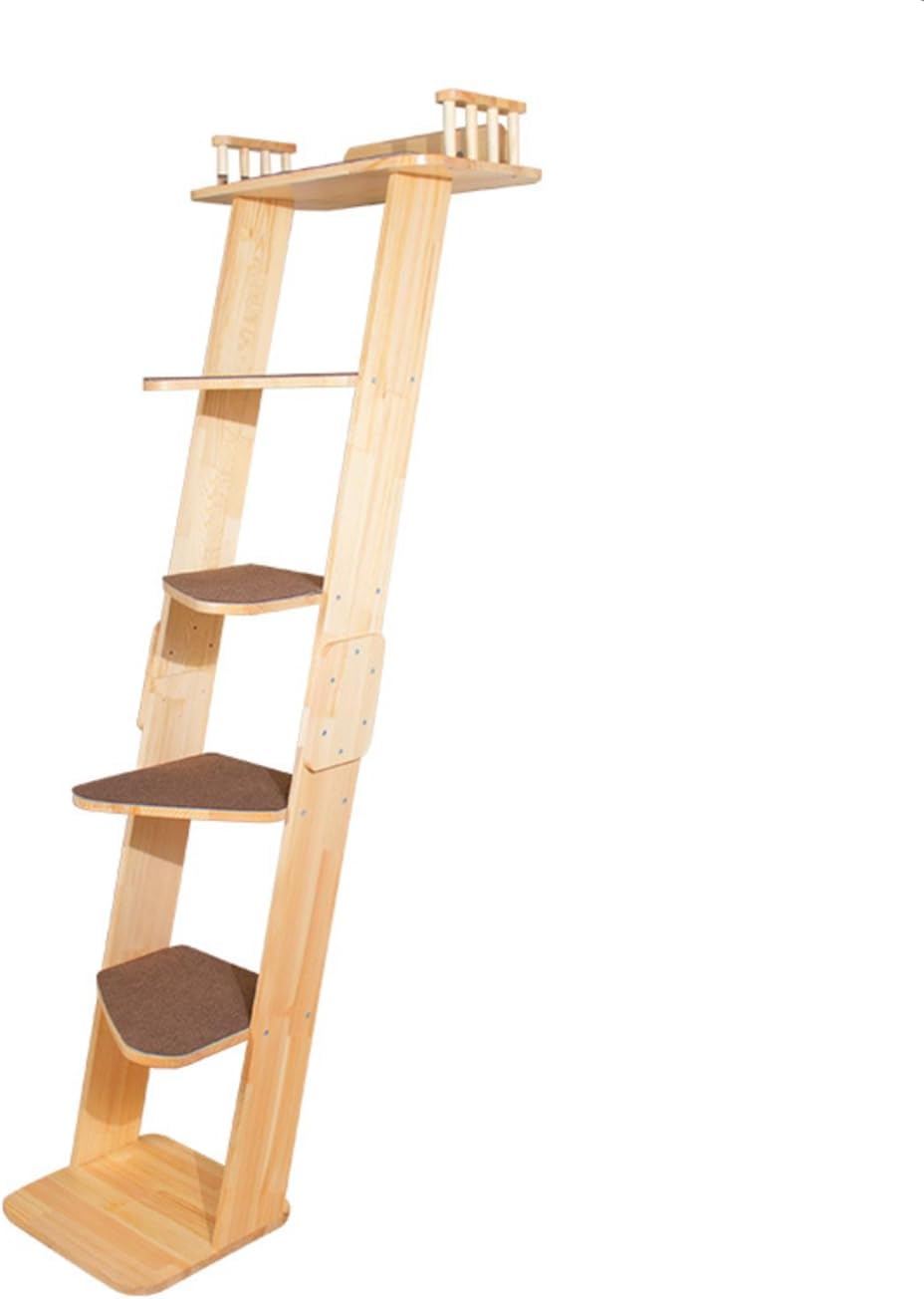 70 inch solid wood leaning cat ladder with six levels and large top perch against a window