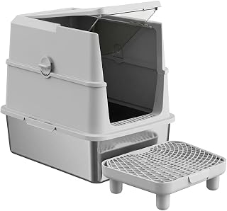 Enclosed Stainless Steel Cat Litter Box with Lid and Entry Step