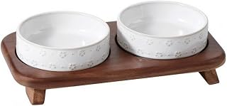 2-Piece Snowflake Relief Ceramic Pet Bowl Set with Acacia Wood Stand, Sturdy Raised, 400 ml and 400 ml