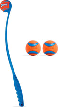 Blue plastic ball launcher with 12 inch handle and ball – view 2