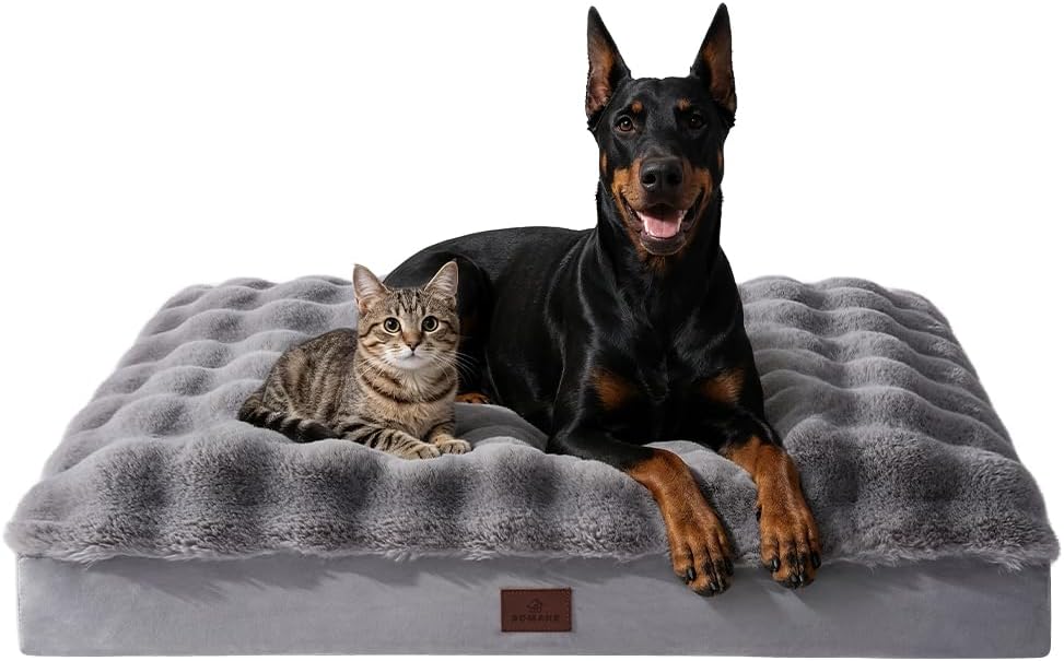 Gray faux rabbit fur rectangular dog bed with velvet sides