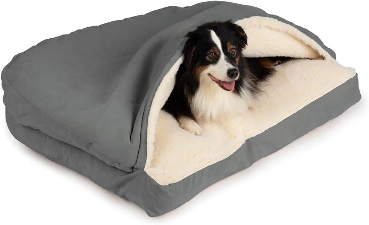 Heather gray burrow cave dog bed with blanket hood – view 4