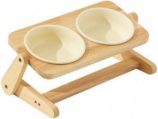 Elevated Ceramic Cat Bowl with Wooden Stand, 15 cm