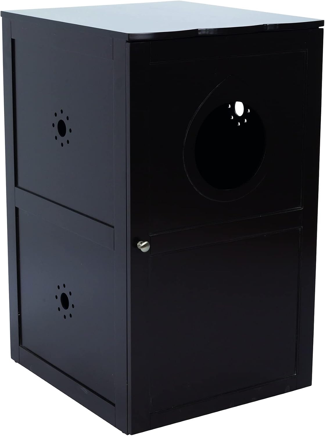 Two-story wooden cat litter box enclosure with large front door and entry hole – view 3
