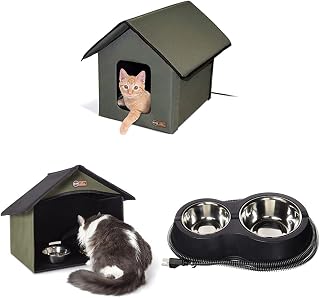 K&H Pet Products Outdoor Heated Kitty House with Dining Room and Heated Thermo-Kitty Cafe, Olive