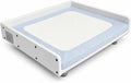Elevated pet bed with fan base and control buttons with a cat lying on it