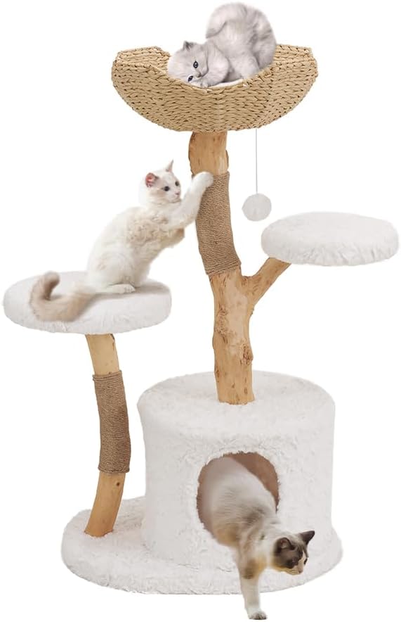 41 inch wood cat tree with two woven baskets and plush cushions – view 2