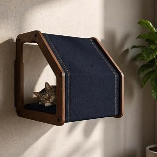 Modern Wooden Cat Wall Shelf, Navy Blue Fabric Perch and Wall-Mounted Cat Bed