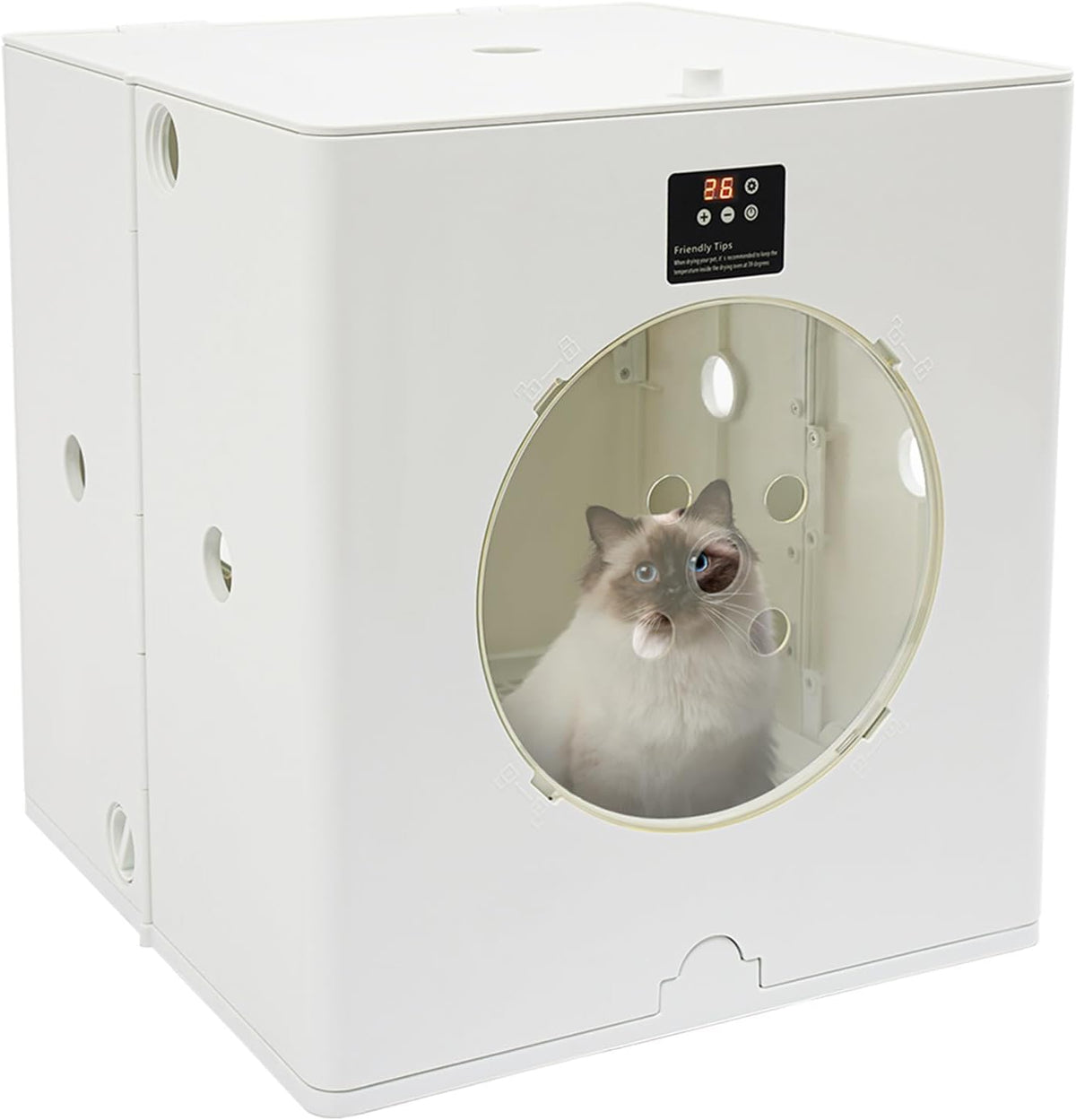 Foldable automatic pet dryer box with front window and control panel