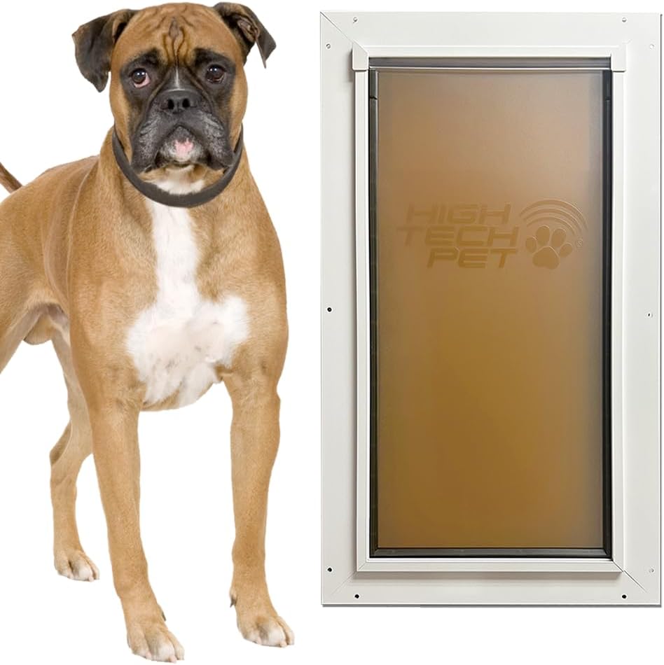 Aluminum frame pet door with flexible vinyl flap and security panel installed in a door – view 7