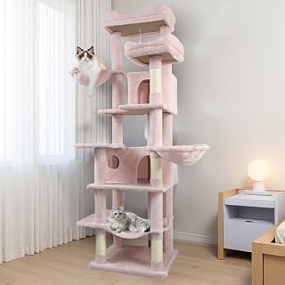 68" Multi-Level Cat Tree with Hammocks, Cave, Hanging Basket and Removable Cushions, Pink