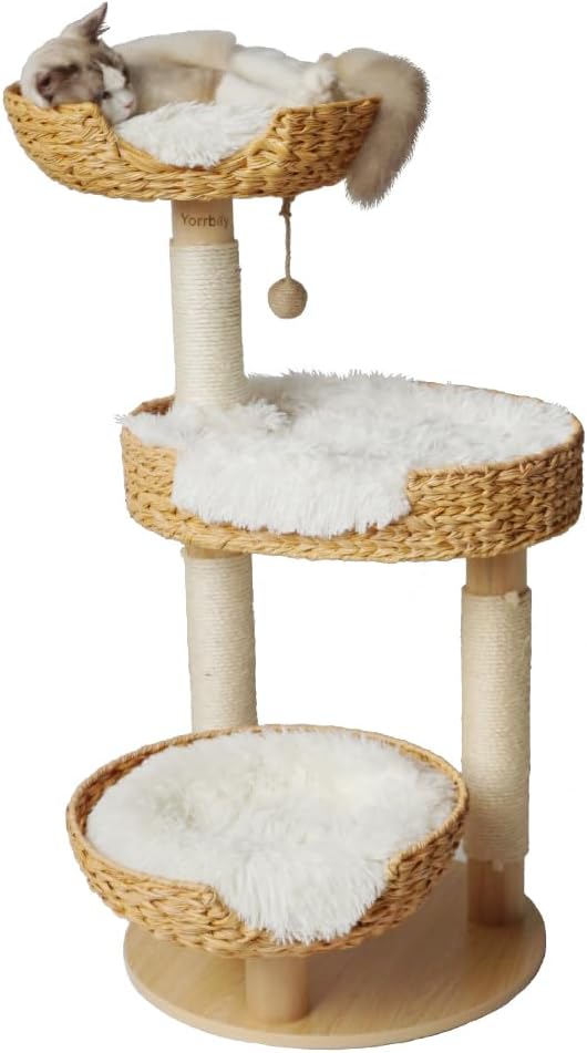 39 inch wooden cat tree with sisal post and three rattan basket perches