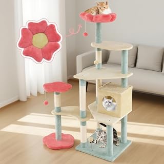 Gecheer 61-Inch Cat Tree Tower with Flower-Shaped Perch, Sisal Posts, Plush Platforms, Hanging Toys, Beige Blue Red