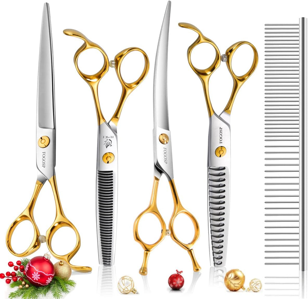 Gold 7.5 inch pet grooming scissors kit with curved, straight, blender and chunker shears
