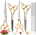 Gold 7.5 inch pet grooming scissors kit with curved, straight, blender and chunker shears