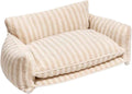Cream striped three-sided pet sofa bed with fluffy faux lambswool cushion