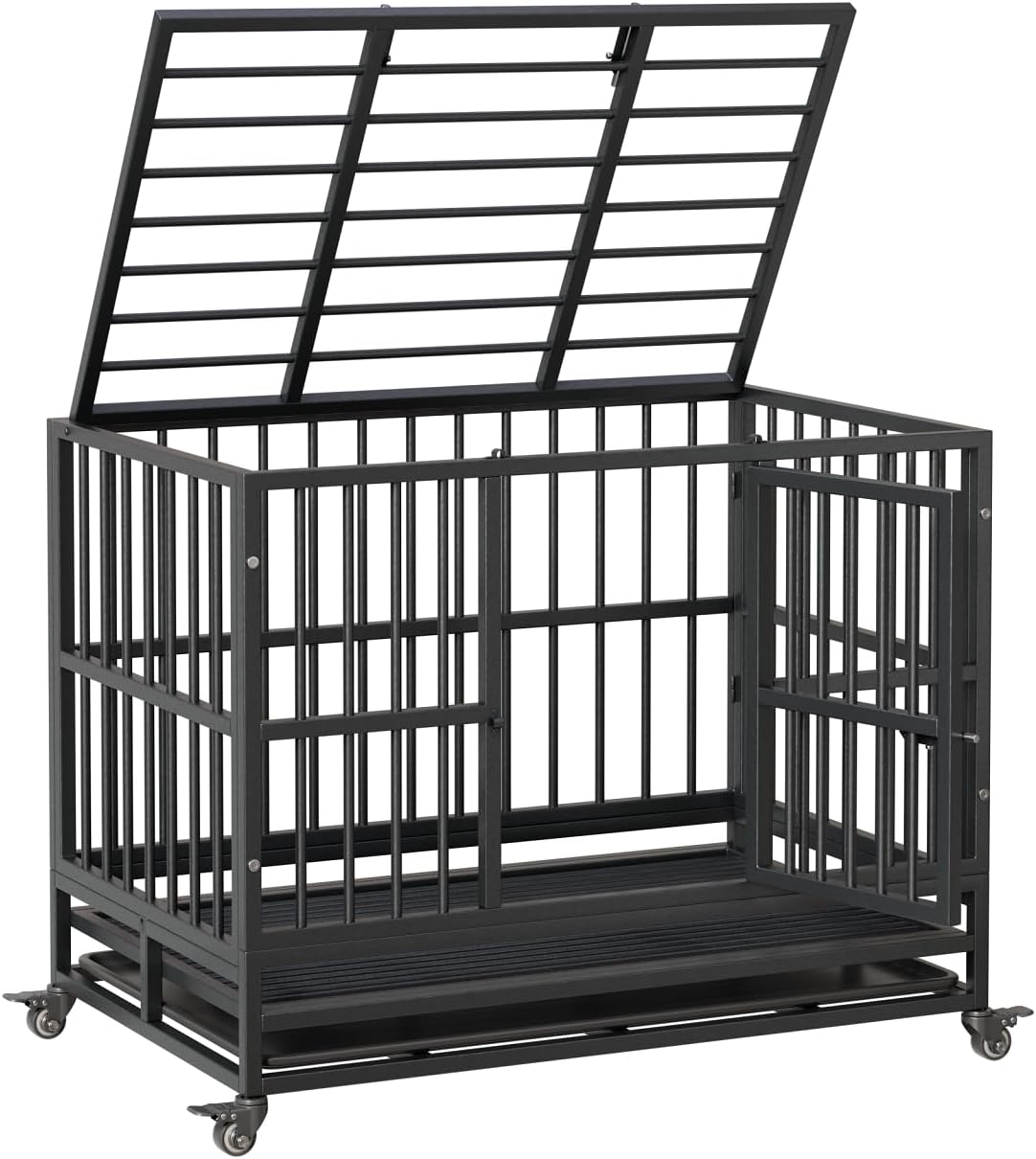Heavy duty metal dog crate with double doors and lockable wheels