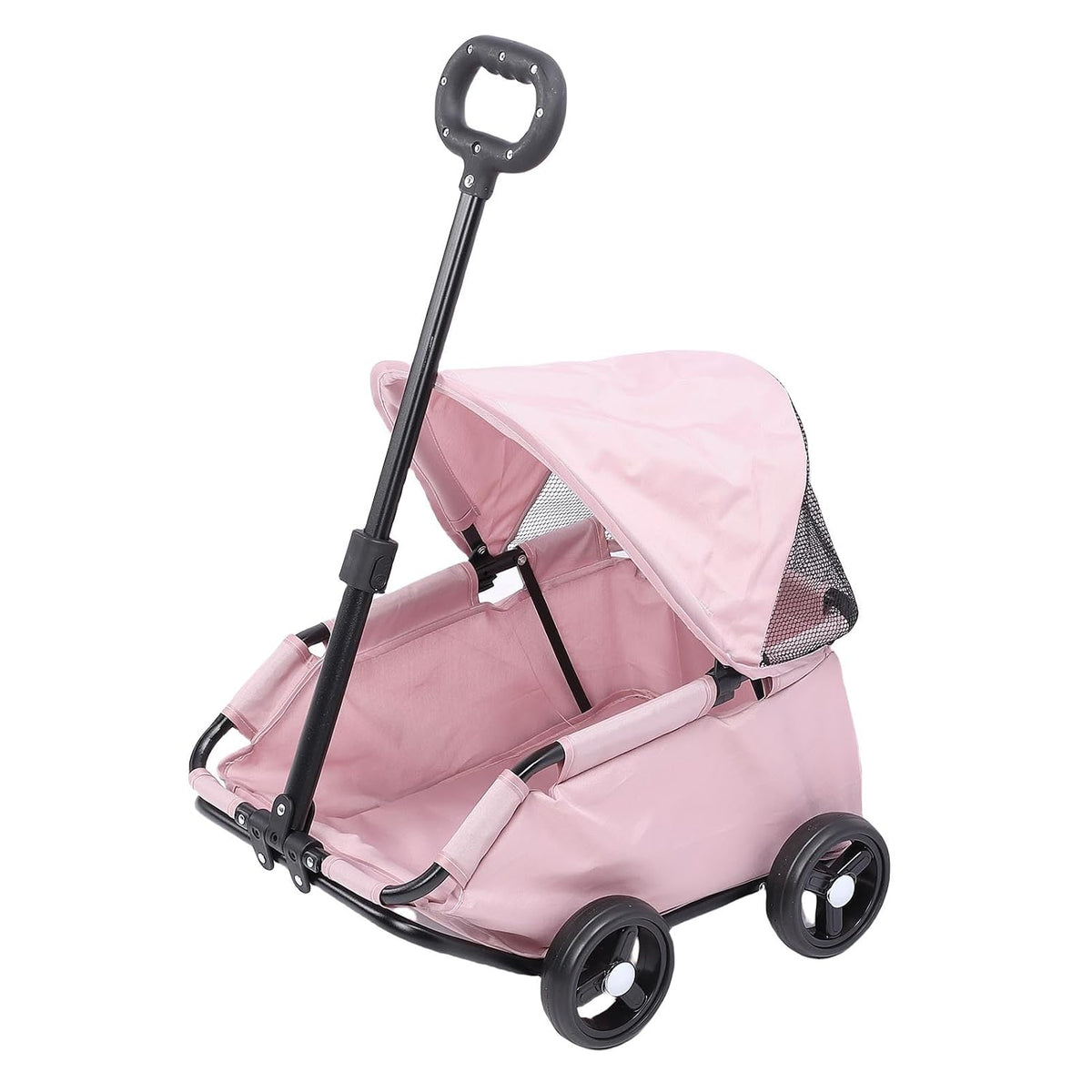 Pink folding pet stroller with adjustable canopy