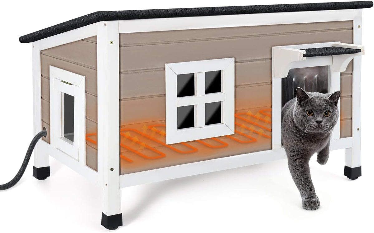 Extra large wooden heated outdoor cat house with escape door