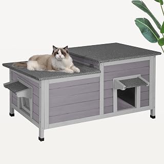 Two-Room Wooden Cat House for Feral Cats, Indoor or Outdoor, with 2 Doors, Weatherproof Roof and PVC Door Curtain
