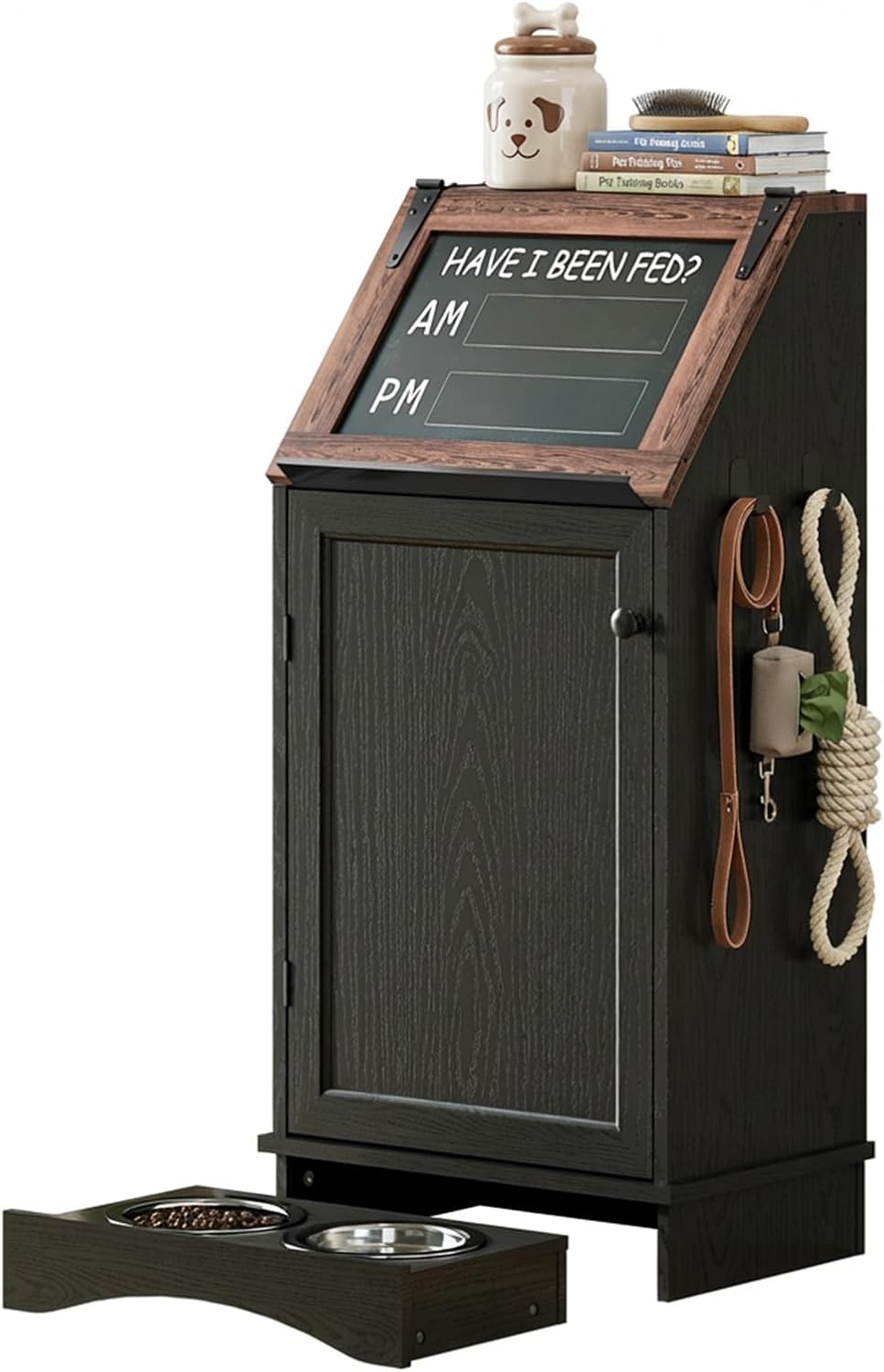 Black pet feeding station cabinet with bowls and flip-top chalkboard lid