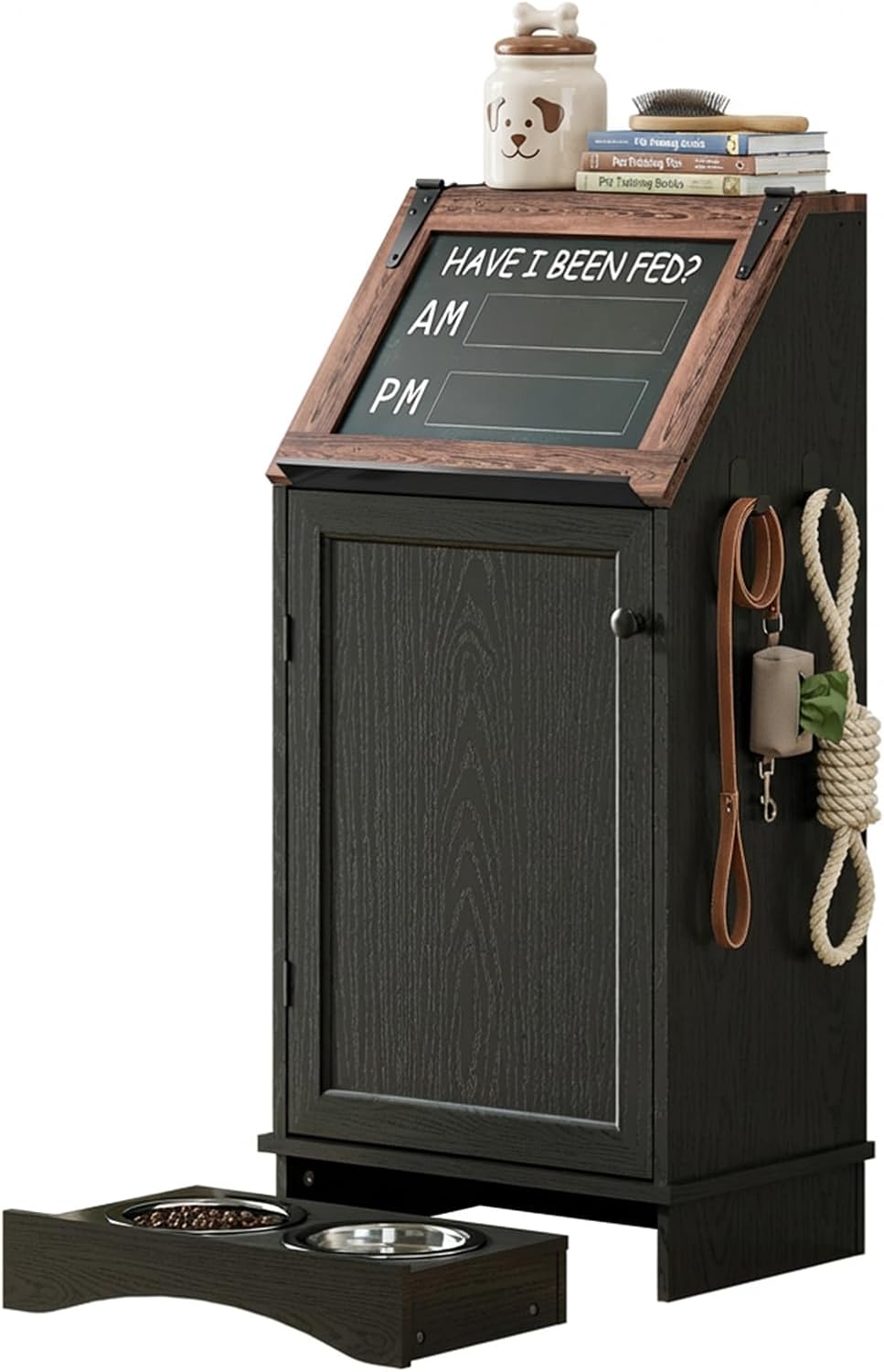Black pet food storage cabinet with bowls, blackboard flip-top and trash bin – view 2