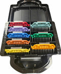 Wide clipper blade with eight attachment combs in a storage case