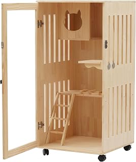 Large Wooden Cat House with Wheels, Outdoor Indoor Cat Villa