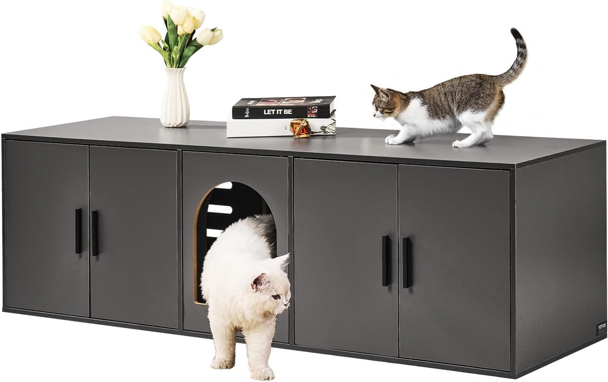 Grey wooden double room litter box enclosure with three entrances