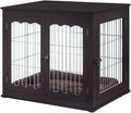 Brown wooden furniture style dog crate end table with double doors and cushion