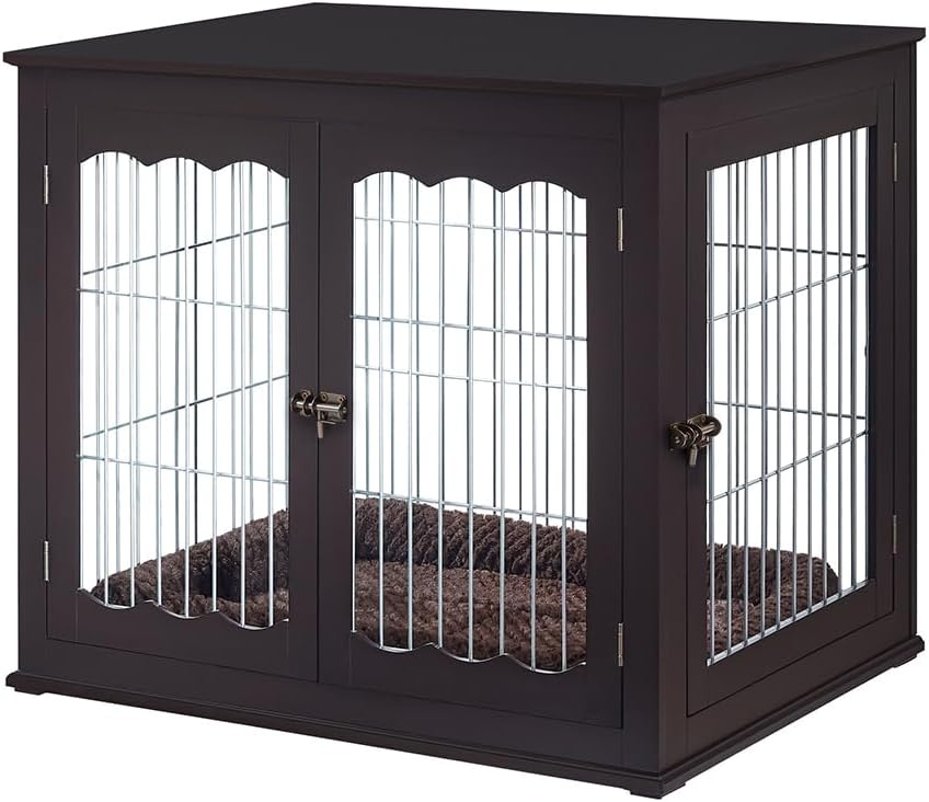 Brown wooden furniture style dog crate end table with double doors and cushion