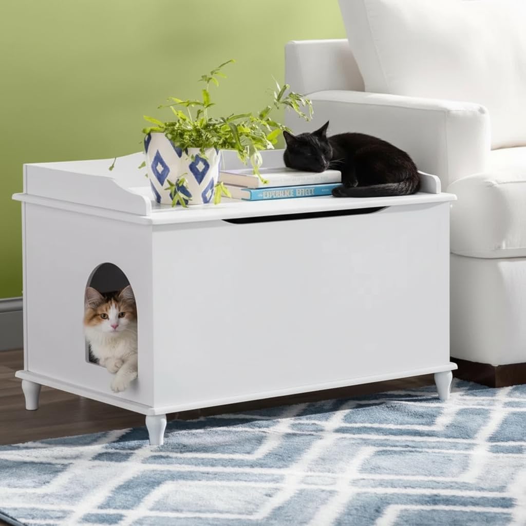 White covered hidden litter box enclosure with lid for large cats