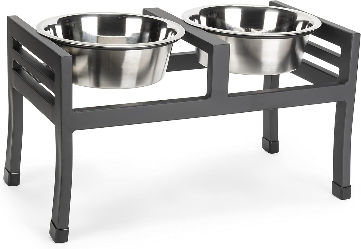 Black steel elevated dog feeder with two 3 quart bowls