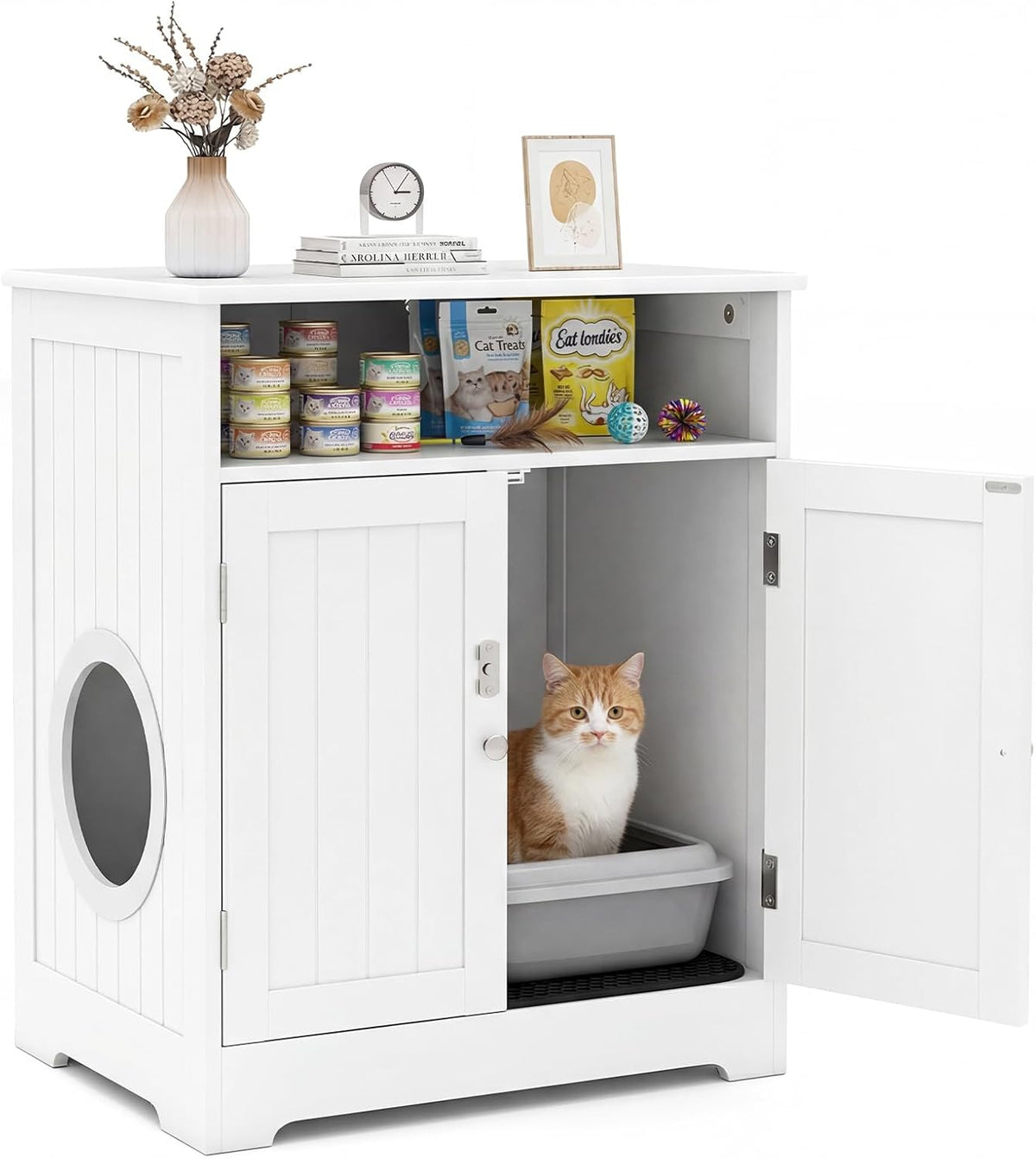 White litter box enclosure cabinet with storage drawers and two cat entrances – view 2