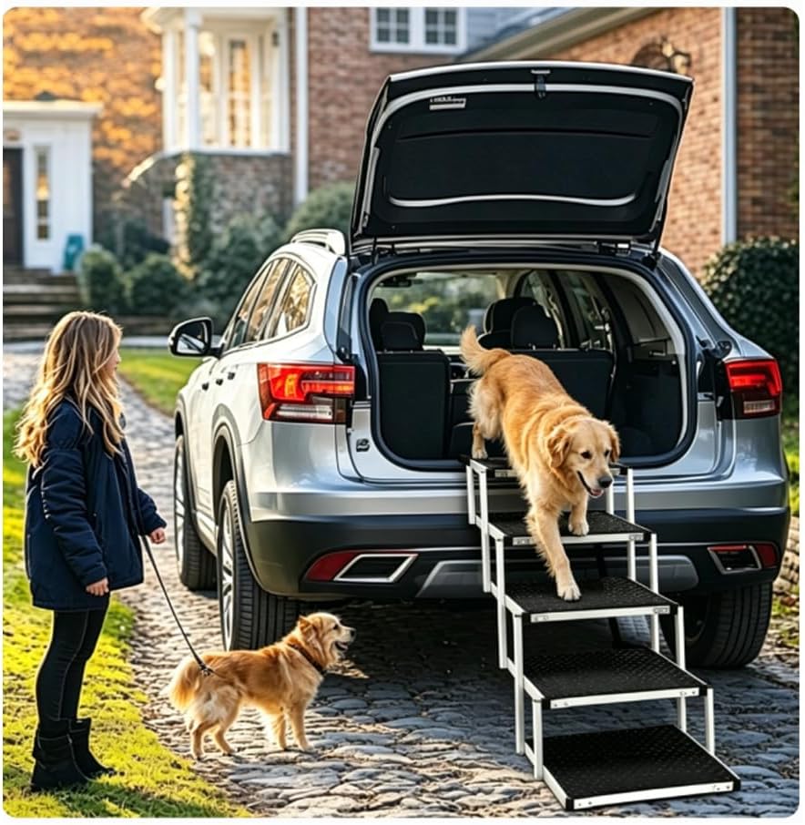 Folding aluminum dog steps leaning against the rear of an SUV