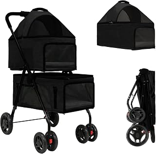 Double Pet Stroller with Two Detachable Carriers, 4 Lockable Wheels, Folding, Black