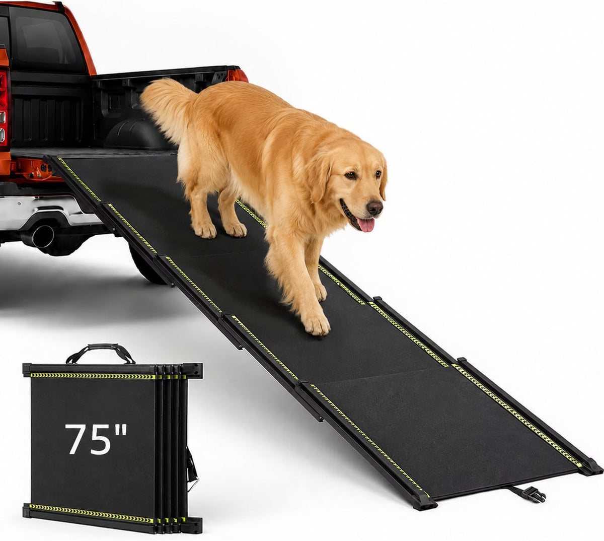 Telescoping dog ramp leaning against an SUV rear with non-slip surface