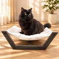 Modern Wooden Cat Bed with Quilted Cushion, Elevated, Black Frame and White Cushion