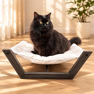 Modern Wooden Cat Bed with Quilted Cushion, Elevated, Black Frame and White Cushion