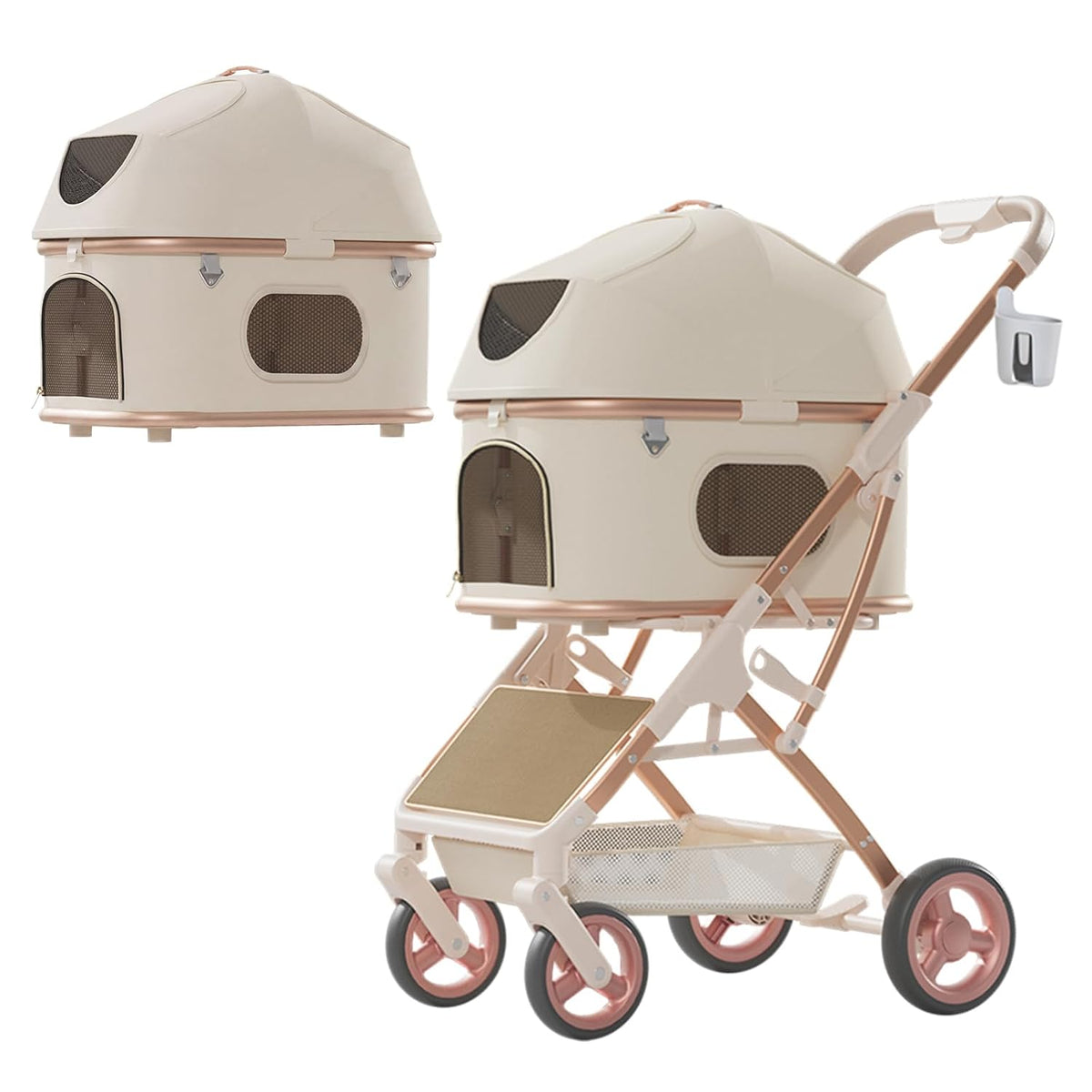 Beige 3-in-1 foldable pet stroller with detachable carrier