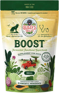 Jar of fermented prebiotic and probiotic powder for dogs with a scoop over a food bowl – view 2