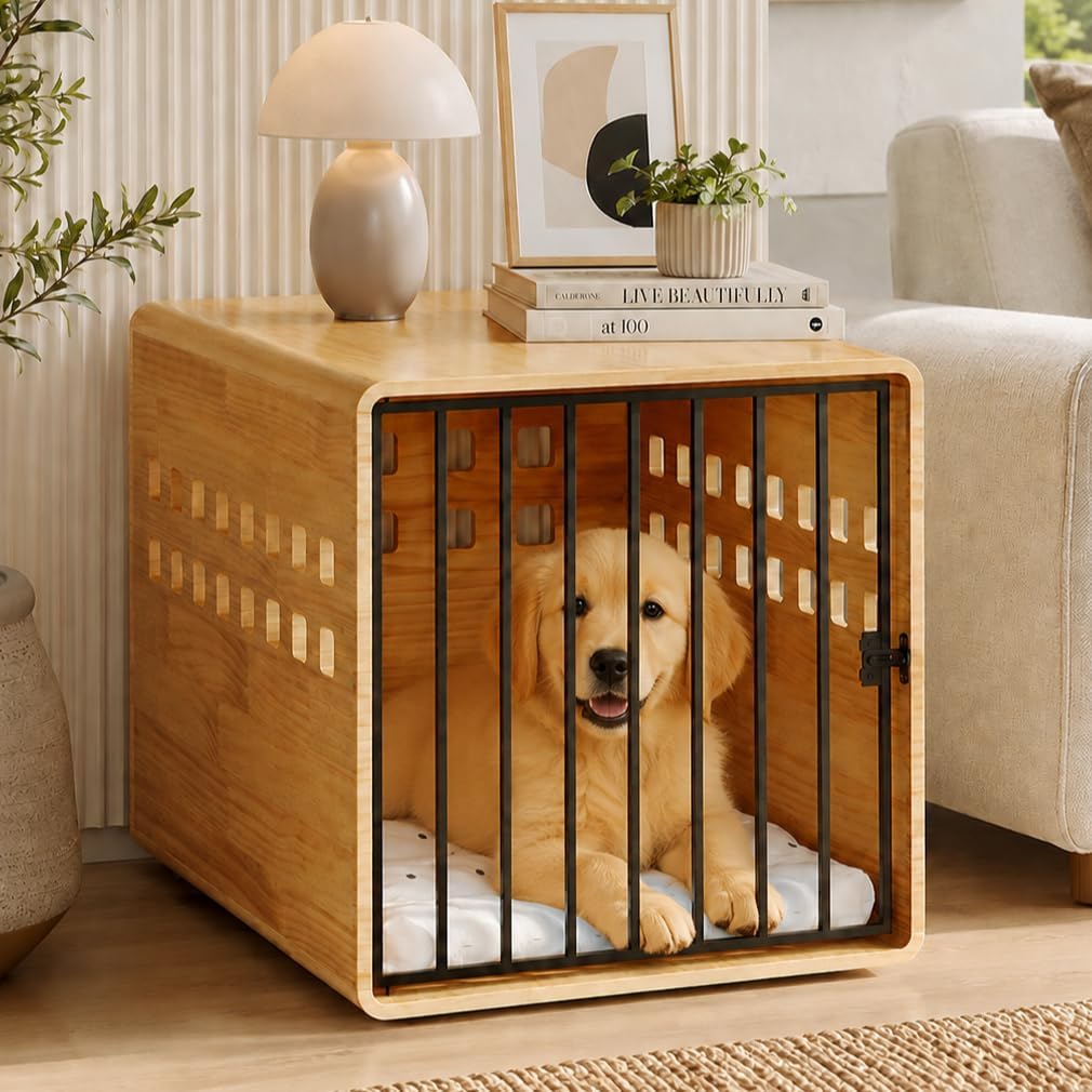 Solid wood puppy crate end table used as a bedside nightstand