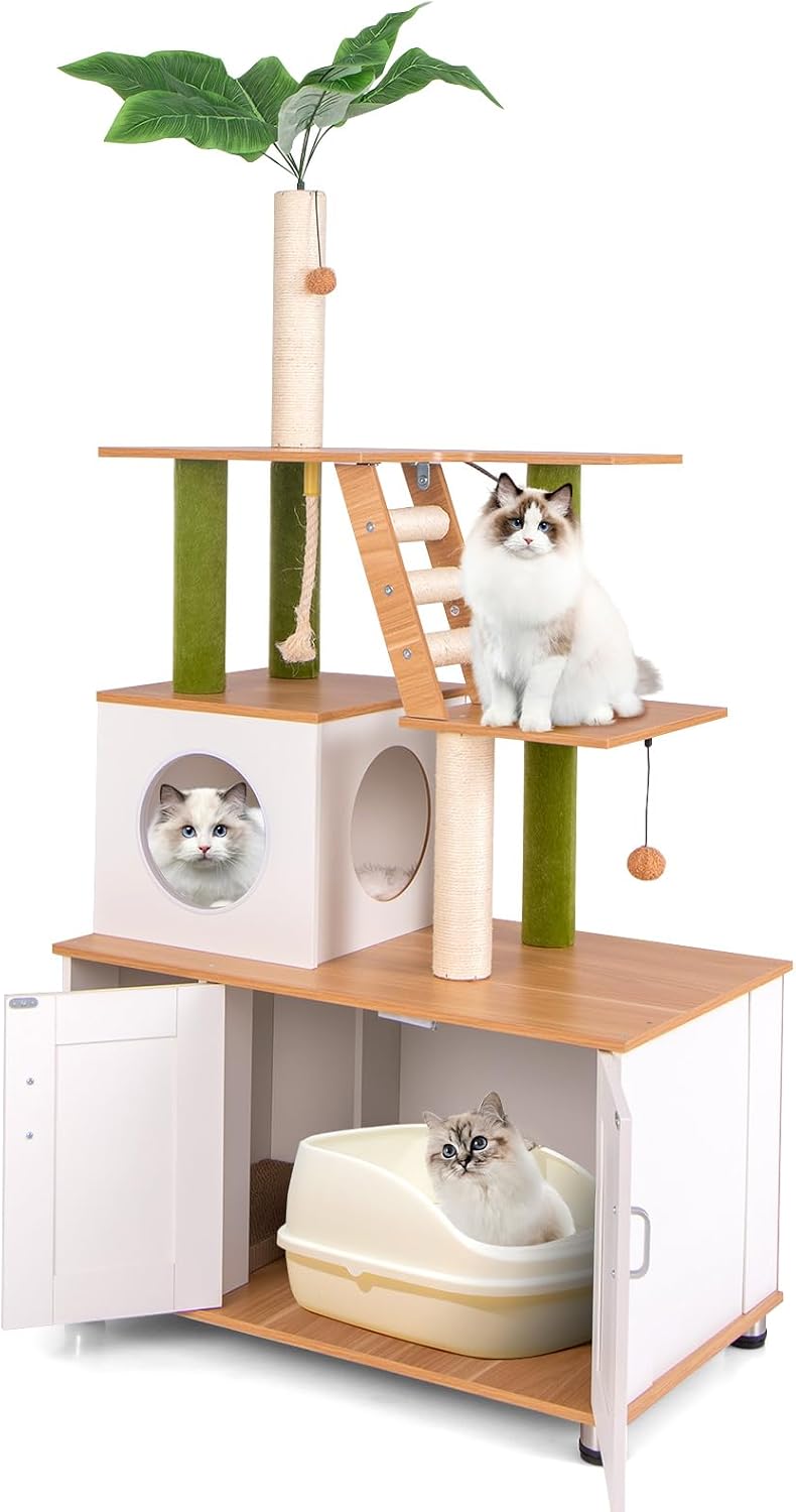 Multi-level cat tree with litter box enclosure, ladder and sisal posts